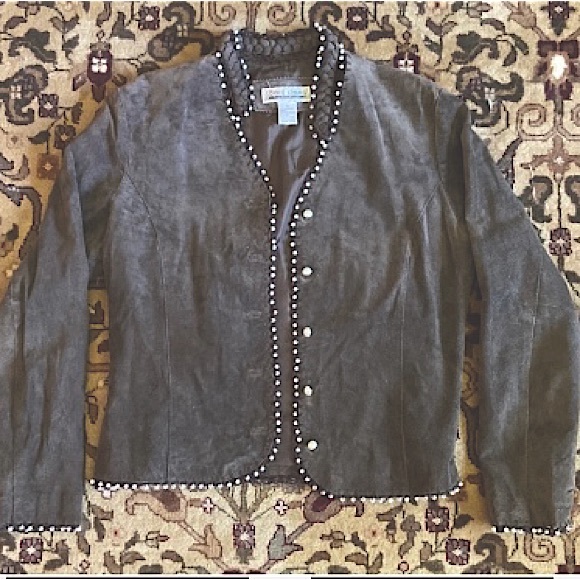 100% SUEDE SOPHIE CHANG Faux Pearl embellished lightweight jacket darkOlive Med - Picture 3 of 15
